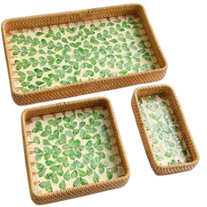Joyeee Ensemble de 3 paniers de service tissés naturels, 1 grand plateau de service rectangulaire en rotin, 1 plateau tissé carré et 1 petit panier rectangulaire long et étroit pour la maison, le