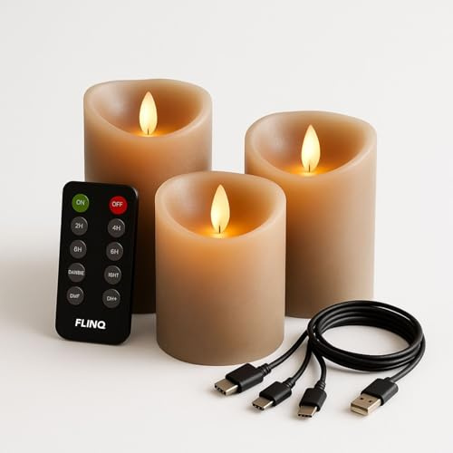 FLINQ LED Stumpenkerzen aus Echtwachs | Aufladbar mit Timerfunktion und Fernbedienung - 3 Stück Wiederaufladbare Kerzen mit Flackernde Flamme