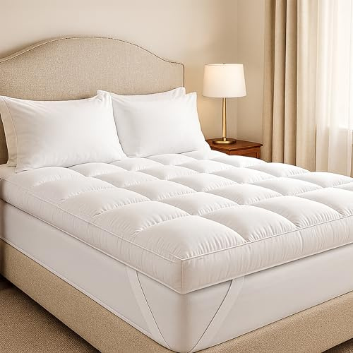 Luxury 4-Inch Quilted Microfibre Mattress Topper with Non-Slip Straps, Hypoallergenic, 10cm Deep, Ultra-Comfortable, Organic Filling (Double)