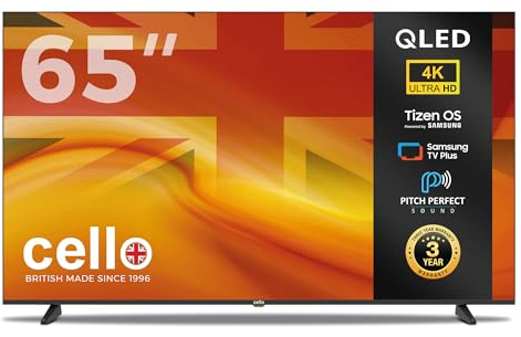 Cello CQ6525TZ 65-inch Tizen OS QLED 4K TV, Smart Frameless, 240V, By Samsung, 3 Years Warranty, Pitch Perfect Speakers, Netflix, Prime Video, Bluetooth, UK Made