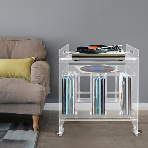 ZNLLQZN Tocadiscos de 3 niveles, mesa acrílica, soporte para tocadiscos, mesa auxiliar de acrílico, mesita de noche, revistero, mesa de suelo con ruedas, para salón, dormitorio y estudios, 48 x 35 x