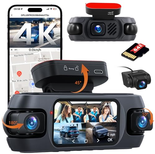 Hikity 3'' IPS Schermo Dashcam 4K con 4 Canali Controllo WiFi e App | Dashcam con GPS Ripresa Panoramica 360° Registrazione in Loop Visione Notturna G-Sensor e Telecamera di Retromarcia