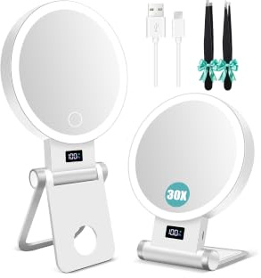 B Beauty Planet Magnifying Mirror with Light 30X, Double-Sided 1X/ 30X Magnifying Makeup Mirror with Tweezer,2000mAh 3 Color Modes with Adjustable Brightness, Foldable Travel mirror(Cloudwhite)