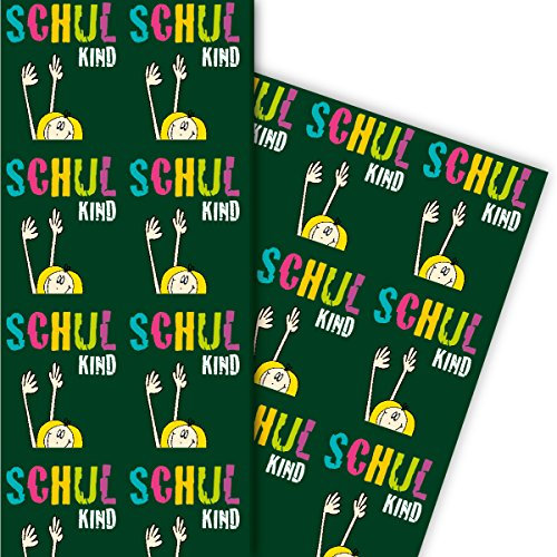 Lustiges Geschenkpapier zu Einschulung mit Mädchen Schulkind , grün, zum Schulanfang 32 x 48cm (4 Bögen) Dekorpapier, Papier zum Einpacken, für tolle Geschenk Verpackung und Überraschungen