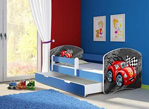 CLAMARO 'Fantasia Blau' 140 x 70 Kinderbett Set inkl. Matratze, Lattenrost und mit Bettkasten Schublade, mit verstellbarem Rausfallschutz und Kantenschutzleisten, Design: 05 Rennwagen Rot