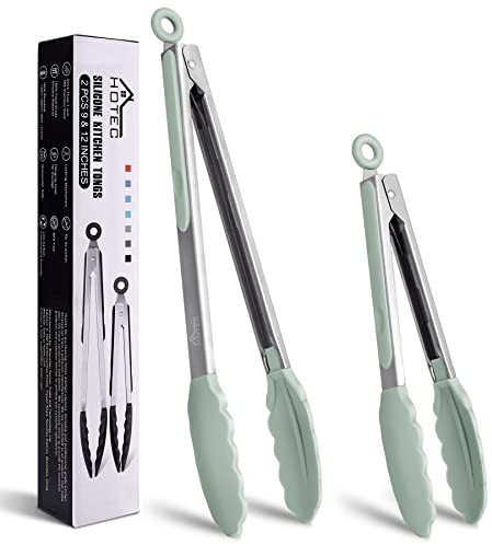 HOTEC Premium-Küchenzange aus Edelstahl, mit Verriegelung, Kochzange mit Silikonspitze, 2er-Set, 22,9 cm und 30,5 cm lange Zangen, Hellgrün