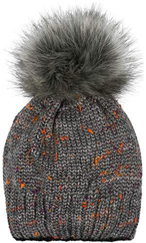 styleBREAKER Damen Strick Bommelmütze Bunt Glitzerfaden | Isolierendes Thermo-Fleece-Futter, 12 cm Fake-Fur-Pompon (abnehmbar), 21 cm Bund, elastisch für 40-60 cm Kopfumfang.