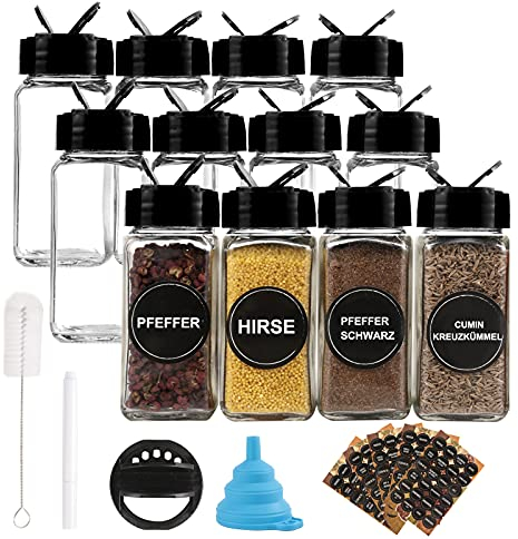 pojah 12er Gewürzgläser Set,120ml Glas Gewürzdosen eckig Aufbewahrung mit Schwarz Deckel, Trichter, Bürste, Etiketten & Kreidestift,10,5 x 4,3 cm
