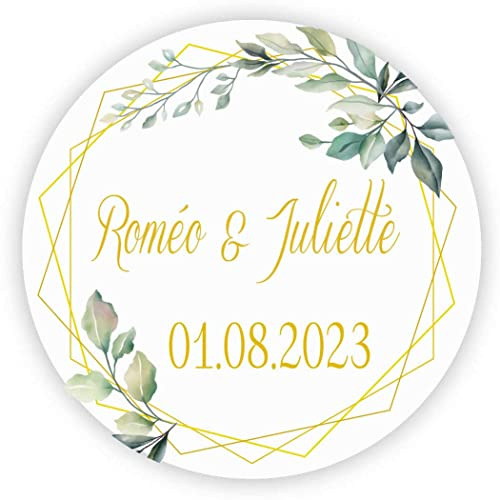 MameArt 50stk 4cm Personalisiert Hochzeit Aufkleber, mit Namen und Datum Sticker für Hochzeit Gastgeschenk Taufe Kommunion Geburtstag Feste Geschenke Präsente (Kranz B)