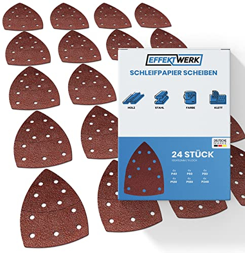 EffektWerk Carta vetrata Delta (confezione da 24, 11 fori), platorelli abrasivi triangolari 105 x 152 mm per levigatrici mouse, grana multipla (40, 60, 80, 120, 180, 240)