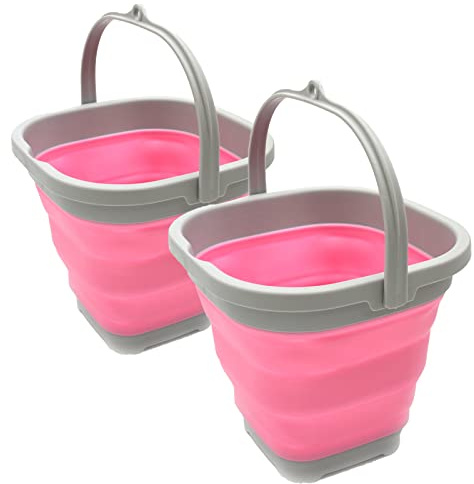 Sammart 2,6 l Super Mini Quadratisch Faltbarer Kunststoffeimer – Faltbarer quadratischer Eimer – Tragbarer Wassereimer – Platzsparender Outdoor-Wassertopf (Grau/Rosa (2er-Set), 2)