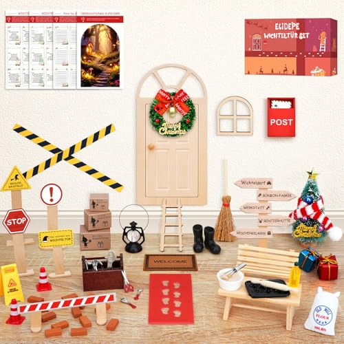 Elidepe Wichtel Zubehör, 43 PCS Wichtel Set Weihnachten Komplett, Wichteltür Set mit Baustelle und Backset, Adventskalender Füllung, Kleine Geschenke für Familie, Wichteltür Set für Weihnachtsdeko