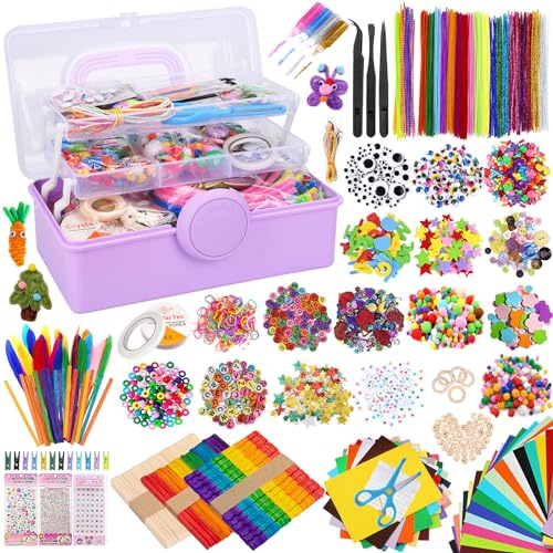 TAVADA Lavoretti Creativi 3000+ Pezzi per Bambini 3+Anni DIY Art Craft Set, Kit Artigianali Scovolini Pipa Colorati Pompon, Sticks, Piume Accessori per Artigianato, Giochi