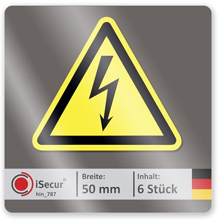 iSecur 6er Set Hochspannung Warnung Aufkleber 5 cm dreieckig - hin787 | Kennzeichnung für Schaltkästen, Kabelsysteme, Elektrozäune und Heizungen, Strom Blitz Elektronik, UV-wetterfest, innen außen