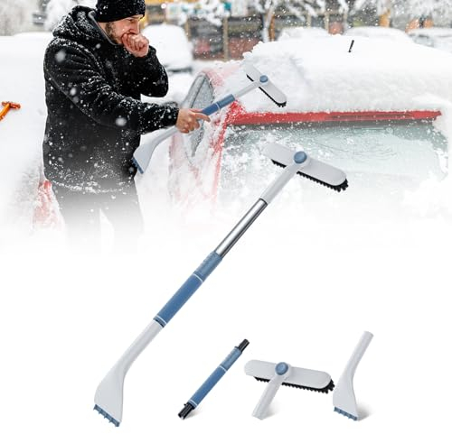 Skeadex Eiskratzer Auto mit Besen 86cm Schneebürste Auto Reinigungsbürste mit Schaumstoffgriff 3 In 1 Einstellbare Länge Schneebesen Auto Stabiler Scheibenenteiser für Autos Windschutzscheibe (Weiß)