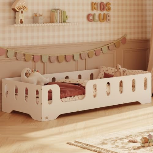 smartwood Golvsäng 100x190 cm med Fallskydd, av Furuträ, Vit, TILA 2L | Montessori säng för barn, ribbotten upp till 230 kg, FSC-certifierad, rundade kanter, enkel montering, från 3 år