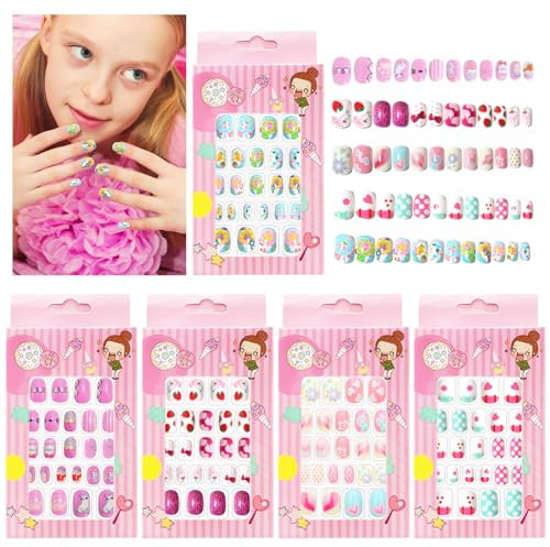 ZOCONE 120 PCS Uñas Postizas de Niñas Cubierta Completa Cortas Uñas Falsas de Niños Dibujos Animados Lindo 5 Cajas, Cumpleaños Navidad Regalo para Niñas Niños (D)