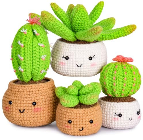 TYREE Kit di uncinetto per principianti, kit di apprendimento dell'uncinetto, confezione da 4 piante, vaso di piante ornamentali di cactus per adulti e bambini