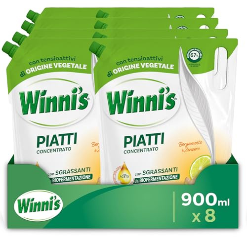 Winni's - Detersivo Piatti e Stoviglie a Mano, Bergamotto e Zenzero, Concentrato, Ipoallergenico, con Sgrassanti Naturali da Biofermentazione, Materie Prime di Origine Vegetale, 900 ml x 8 Confezioni