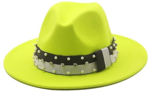 Fedora-Hut für Herren und Damen, breite Krempe, klassischer Filzhut, britischer eleganter Hut, fluoreszierendes Gelb, 58–61 cm, fluoreszierendes gelb, Einheitsgr��e