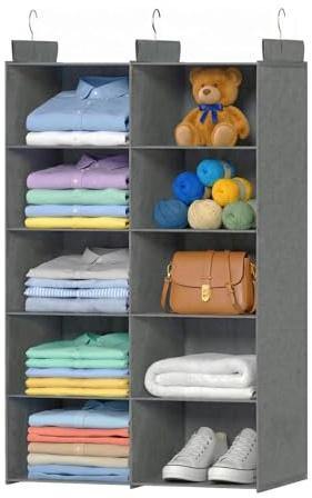 ALLTIDYUP 5-Tier Dual-Row Hanging Wardrobe Organizer – Large Capacity Foldable Closet Storage Shelves to Keep Clothes, Shoes, Bags Neatly Organized in Bedroom, Dorm, or Small Spaces (Gray)