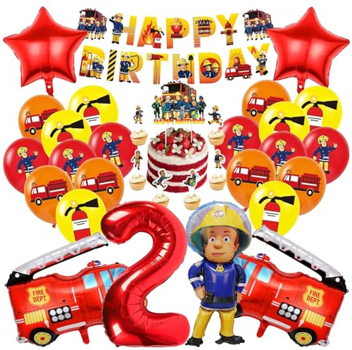 GAROMIA Feuerwehr Deko Kindergeburtstag 2. Jahre Feuerwehr Geburtstag Deko Set Feuerwehrmann Luftballons Tortendeko Feuerwehr Banner Deko 2 Jahre kindergeburtstag Party Dekoration