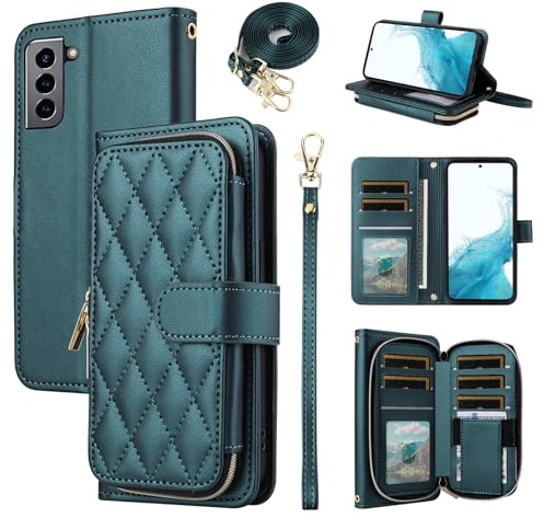 ELISORLI Wallet Case for Samsung Galaxy S21 FE 5G with Wrist Strap, Shoulder Strap,9+ Card Slots Zipper Purse,Leather Stand Cell Phone Cover for S 21 EF S21FE5G UW S21FE 21S G5 6.4 inch Women Green