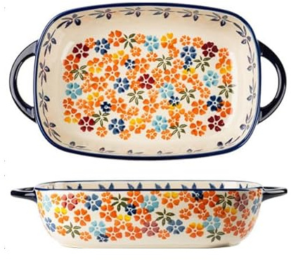UIOPPOI Boho Large Ceramic Baking Dish Deep Lasagna Pan, Thicken Single Handle Bakeware Pastoral Style Baking Pan Casserole Dishes for Cooking and Daily Use 1PC A