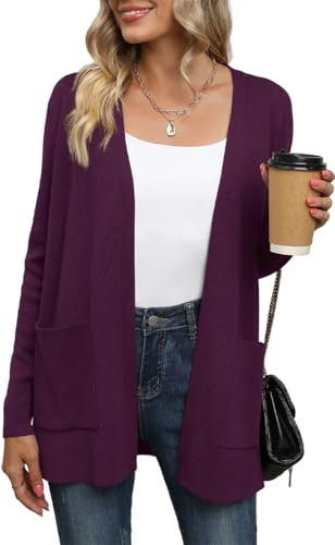 Yommay Cárdigan para mujer, elegante, holgado, informal, ligero, otoño, manga larga, suéter con bolsillos, morado, M