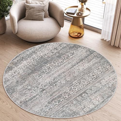 TAPISO Valley Rund Teppich Kurzflor Weiß Grau Blau Vintage Blumen Used Effekt Meliert Verwischt Wohnzimmer Schlafzimmer ÖKO-TEX 200 x 200 cm