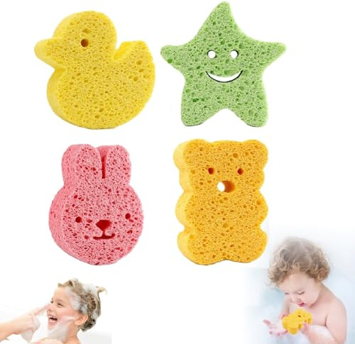 Eponge de Bain pour Bébé,Éponge Bébé Bain,Eponge de Bain Bebe,Eponge de Bain Enfant,Set Éponges,Éponges de Bain aux Formes Mignonnes pour Shampooing,Le Bain,Lavage du Corps et Le Massage,4 Pièces