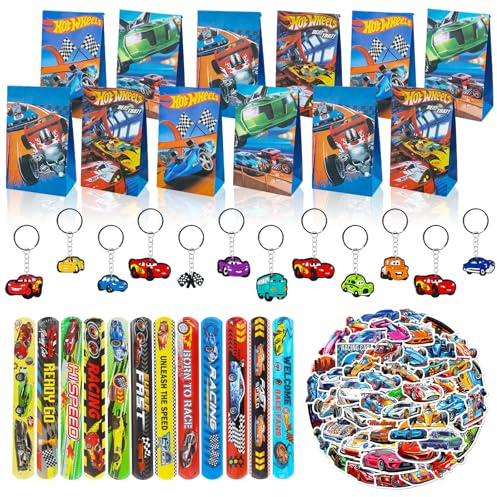 Auto da corsa per bambini regalini di festa, set di gadget per feste in tema di auto da corsa con borsa regalo, braccialetti, portachiavi, adesivi, tema auto da corsa per regali di compleanno, per