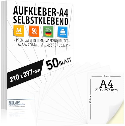 Selbstklebende DIN A4 Etiketten 50 Stück 210x297 mm, universell bedruckbar, matte weiße Oberfläche, kompatibel mit Inkjet- und Laserdruckern, Aufkleber für vielseitige Anwendungen - MADE IN GERMANY