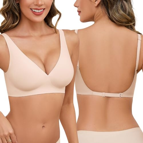 Tuopuda BH-rygglös dam bygellös osynlig bh sömlösa behåar djup V-tråd push up bekväm multiway cabriolet hängslen, Beige, L