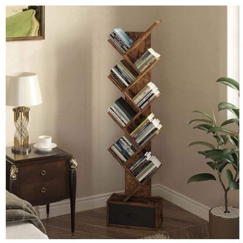 Albero A 9 Livelli Libreria Con Cassetto, In Piedi Libreria In Legno Scaffale Portaoggetti Per I Libri, Libreria Per L'ufficio Domestico, Soggiorno, Camera Da Letto, Marrone (Size:35x18x150cm,Color:A)