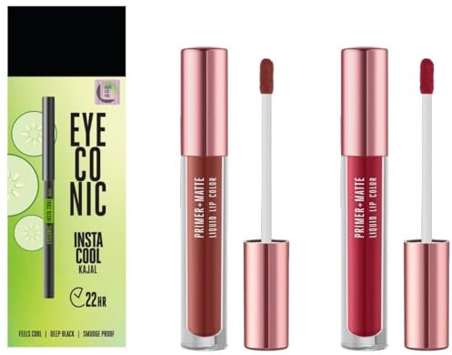 Primer + Matte Liquid Lip Color MB2 Intense Latte & Eyeconic Insta Cool Kajal, Black & Primer + Matte Liquid Lip Color MP3 Dusty Rose