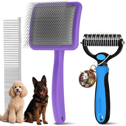YOYUPETA Long Pin Poodle Slicker Brush Set for Goldendoodle & Cockapoo. 25mm Pins Dog Grooming Kit with Undercoat Rake & Comb. Solid Wood Dematting Tool for Removing Mats, Tangles, Deshedding. Green