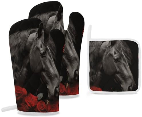 Black Horse on A Background of Red Roses Oven Mitts and Pot Holders Sets of 3 High Heat Resistant Non-Slip Oven Gloves and Hot Pads Washable Cooking Gloves for Kitchen Cooking Baking BBQ