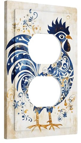 Placa de cubierta de interruptor de luz de gallo de granja, estilo vintage azul y dorado para decoración de cocina, placa de pared termoplástica, tamaño estándar, salida dúplex individual