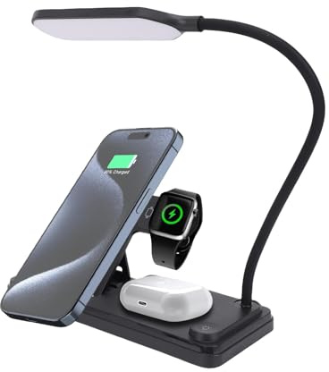 Lampe de Bureau, Lumières LED sans Fil Rechargeables avec Chargeur sans Fil, 3 Couleurs Lumineuses, Touche la Lampe de Chevet Dimmable avec Ports de Chargement USB