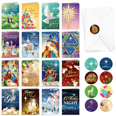 DPKOW Religiöse Weihnachtskarten mit Umschlägen Aufklebern, 16er-Pack Christliche Weihnachtskrippe Karten, Krippenszenen-Grußkarten für Familie, Freunde, Kollegen, Nachbarn