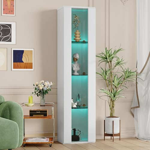 Gxffipw Vitrine Highboard Weiss 40x29x170 cm mit Glastrennwand und LED-Farbwechsellicht, Vitrinenschrank Glasvitrine mit Türen, Modern Hochschrank Schmaler Schrank, Wohnzimmerschrank