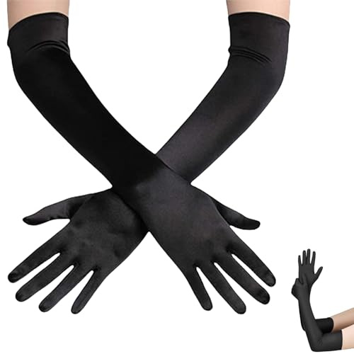 1 Paar Handschuhe Lang Weiße Schwarz, Lange Handschuhe Damen Elegant,Long Black White Gloves,Seidenhandschuhe Satin Elastic Abendhandschuhe Stoff für Halloween,Cosplay Kostüm Karneval Party Ballkostüm
