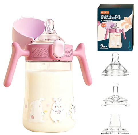 KBIBCK Trinklernbecher für Baby, 300 ml Baby Trinkflasche, Kinder Trinkflasche mit 3 Arten Silikon Tüllen & Griffen Auslaufsichere Lecksicher, Babys Strohbecher Soft Auslauf Cup, BPA-frei (Lila)