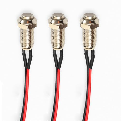 Gebildet 3 Piezas Interruptor de Botón Pulsador de Enclavamiento de Metal, Impermeable Punto de Plata 8mm Mini Micro Redonda 0-250V Self-Lock para Arranque Eléctrico Timbre de la Puerta, Base Dorada