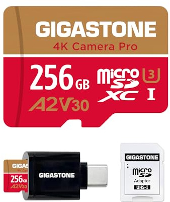 [5 anni di recupero dati] Gigastone 256GB Micro SD Card, 4K Camera Pro, A2 V30 UHS-I U3, fino a 100 MB/s, per smartphone, GoPro, Action Cam, video 4K UHD, Nintendo Switch, con adattatore e lettore