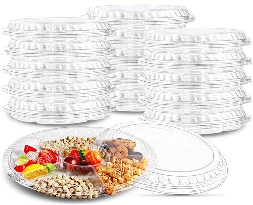 Tczecoo 15 Stück Servierplatten Mit Deckel, Vorspeisentablett, 31cm | Wiederverwendbare Geteilte Teller, Rundes Serviertablett mit 6 Fächern für Buffet Party Catering, Transparent