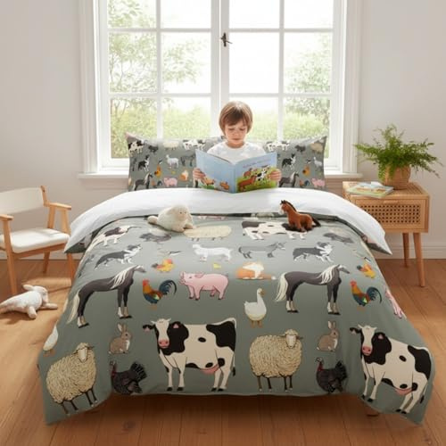 Homewish Farm Animals Junior Duvet Cover for Kids Boys Girls Bedroom Decor - Cartoon Animal Themed Gray Bedding with 1 Pillowcase - Cute Cow Horse Print Quilt Cover Farmhouse Grey Bed Set