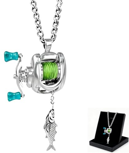 Genérico Mini collar con carrete de pesca, collar con carrete con manivela giratoria y guía de línea móvil, colgante con mini carretes de pesca, aficionados a la pesca y amantes de la pesca (1pcs)
