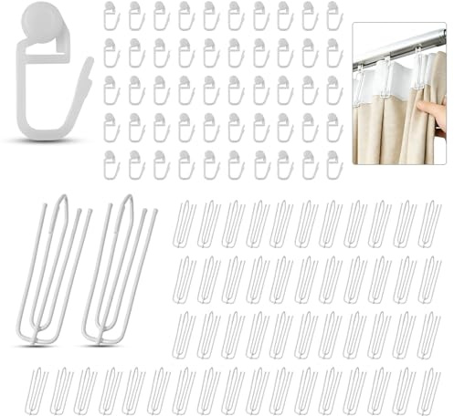 PAPAcroscoma 100 Stück Gardinenröllchen：50 Gardinenhaken Metall und 50 Gardinengleiter, Edelstahl-Vorhanghaken mit 4 Zinken, Vorhanghaken für Vorhänge und Vorhangringe